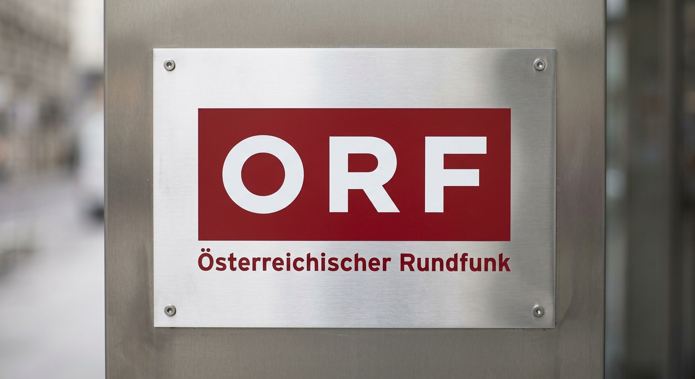 ORF logo with text Österreichischer Rundfunk on metal sign